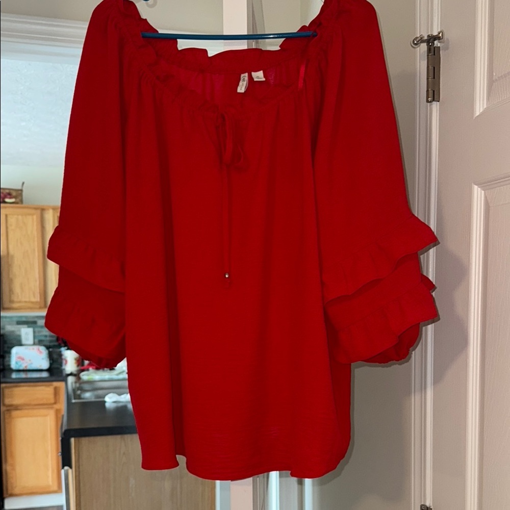 Cato Red Bell Sleeve Ruffled Blouse